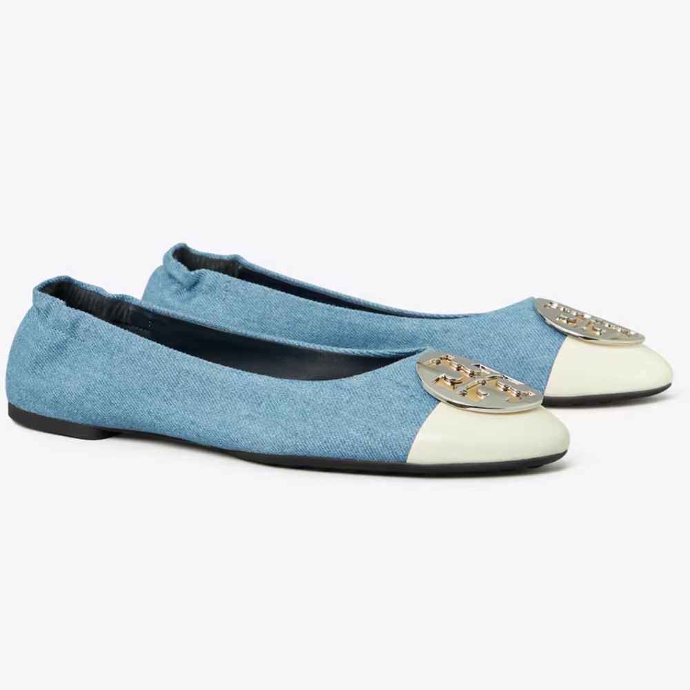 NEW Tory Burch Claire Cap-Toe Ballet Flat in Jeans / Blanc